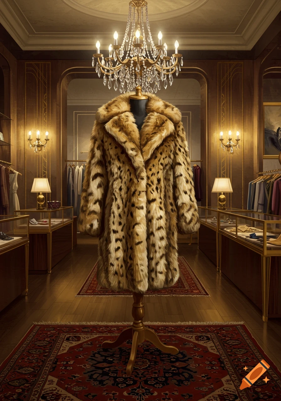 A luxurious leopard print fur coat displayed on a mannequin in an opulent boutique with chandeliers and display cases, photorealistic style.