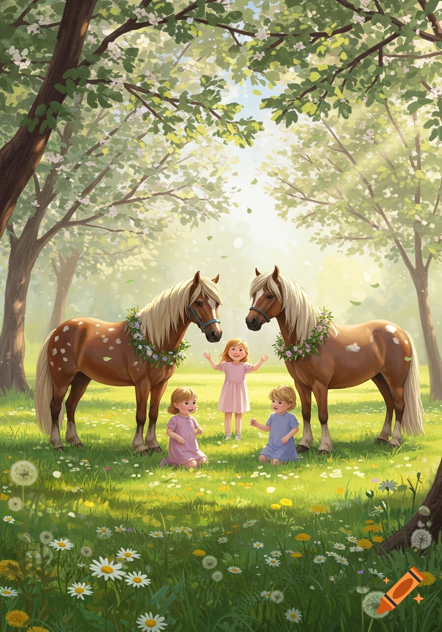 A whimsical illustration shows two brown horses with flower wreaths and three happy young children playing in a sunny, flower-filled meadow.