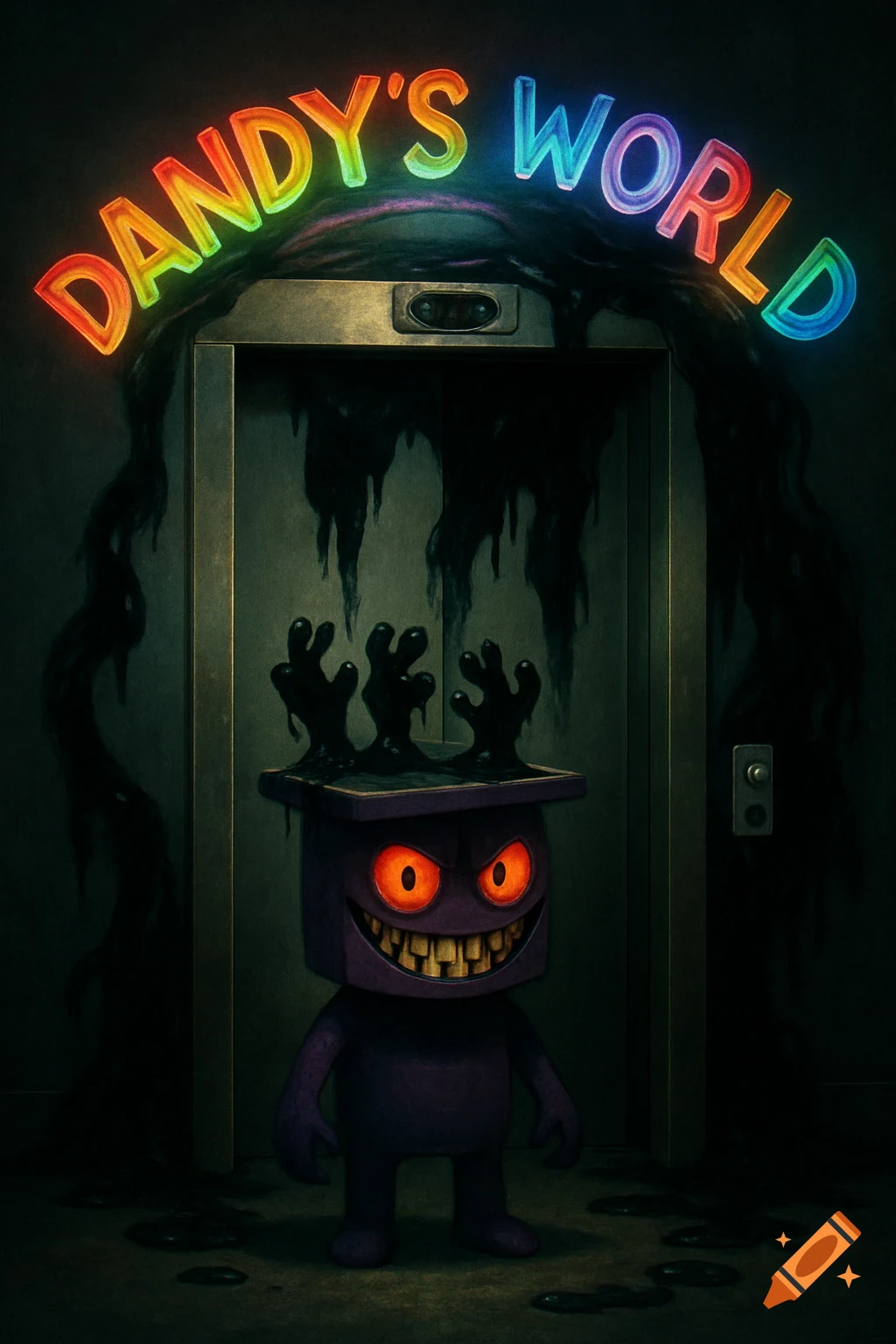 A purple, box-shaped monster with red eyes and sharp grin stands before a gooey elevator. A rainbow neon sign above reads 'DANDY'S WORLD'.