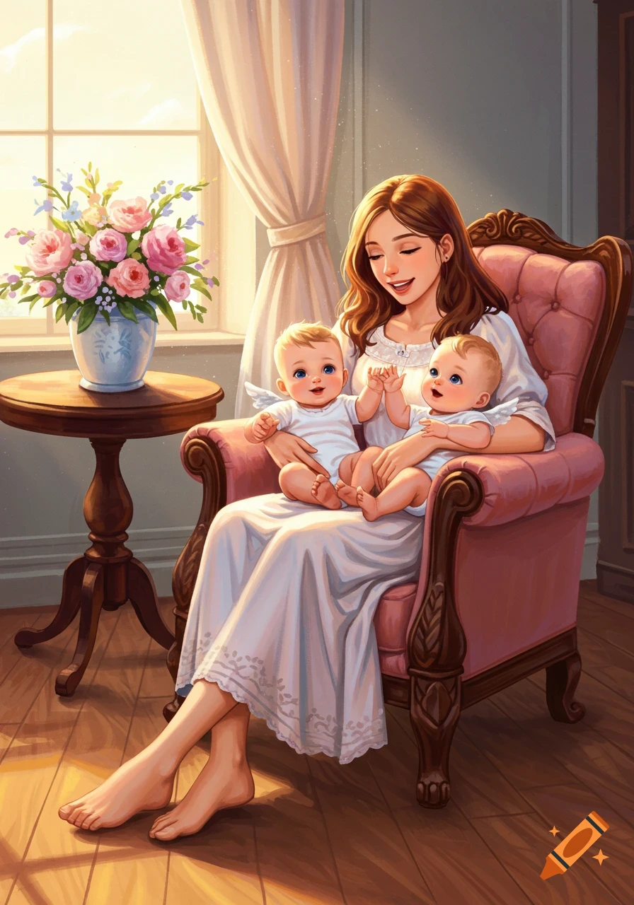 Illustrated young woman cradling two babies in a pink armchair by a sunlit window with flowers.