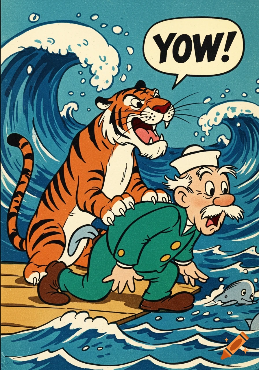 A vintage cartoon shows a tiger attacking a surprised sailor's rear as a speech bubble says 'YOW!' amidst ocean waves.