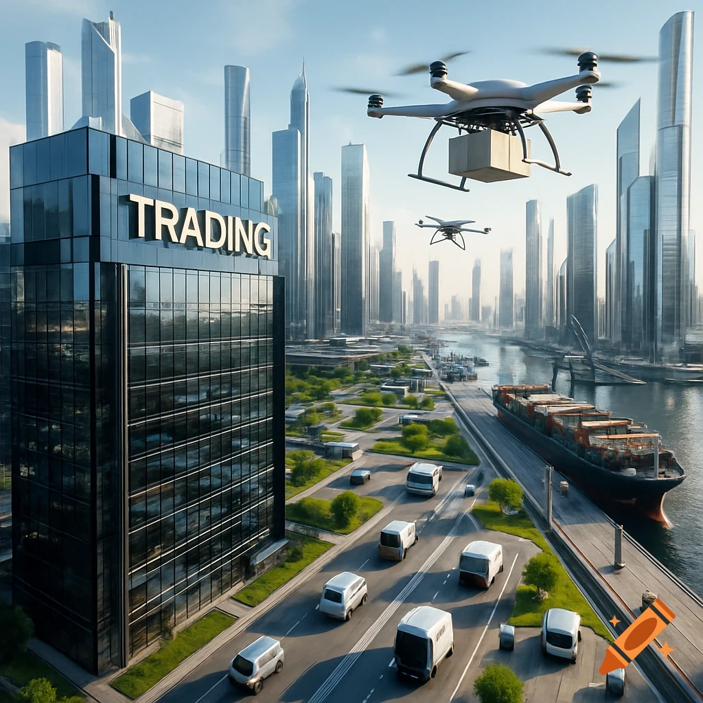 A futuristic city with a large 'TRADING' building, drones flying with packages, a cargo ship, and vehicles on a multi-lane highway.
