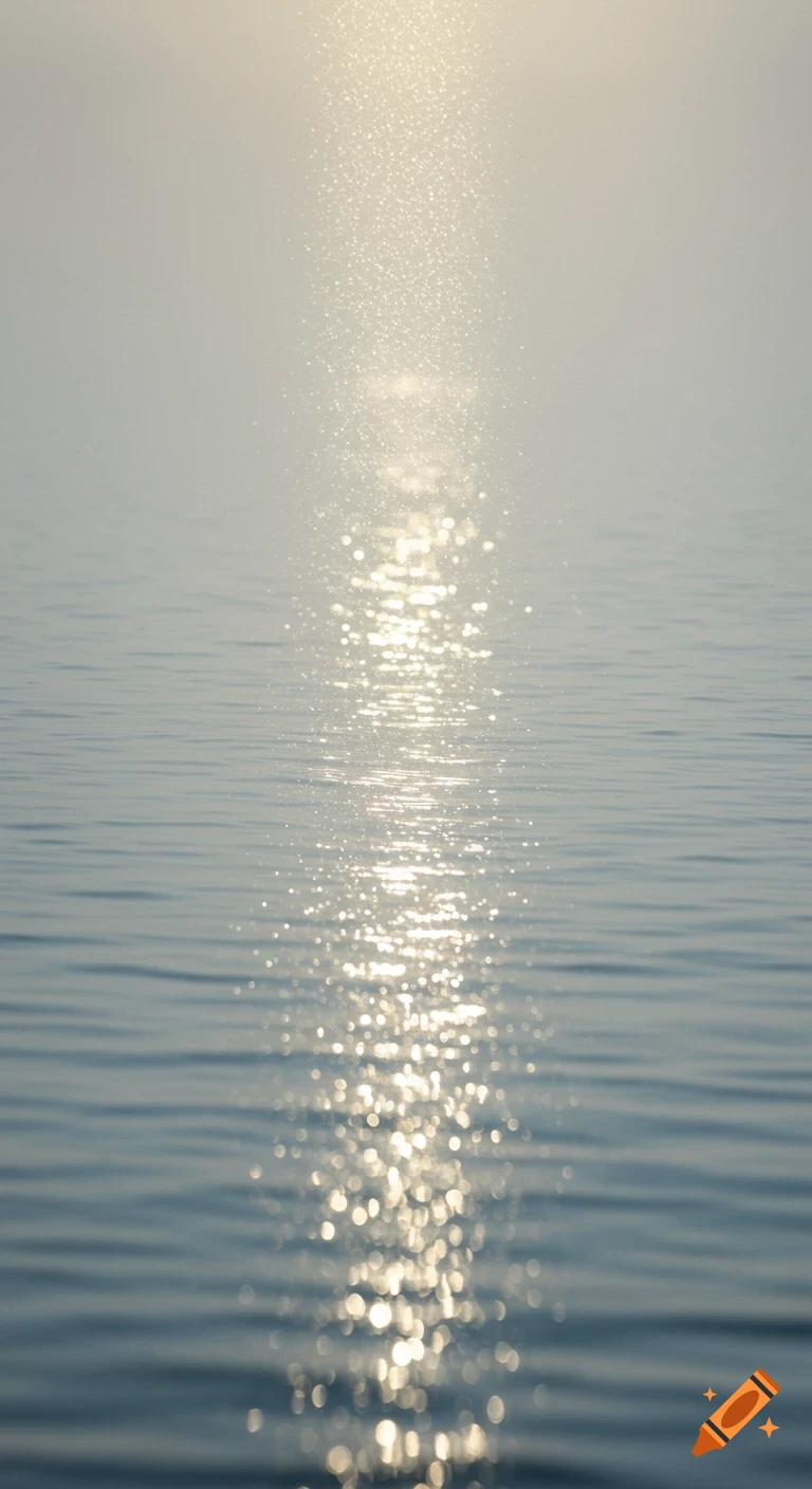 Soft abstract image of sunlight shimmering on a gently rippling water surface in subdued greige and slate-blue tones.