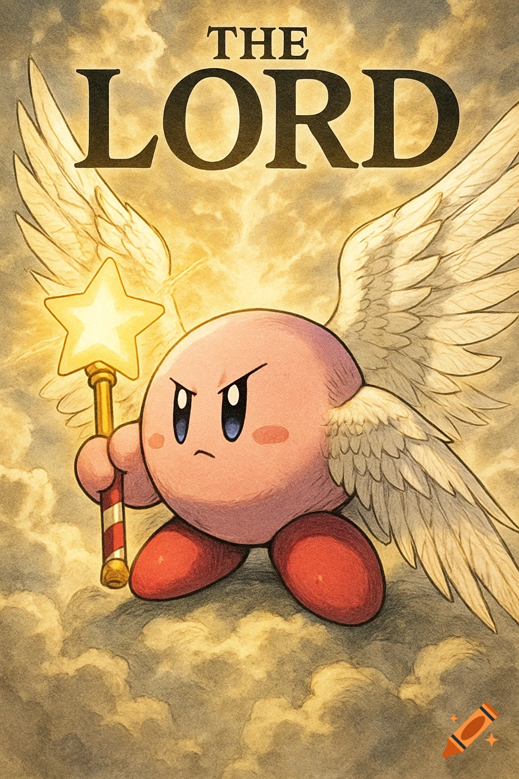 Angry-looking Kirby with large white wings, holding a glowing star rod, against a cloudy sky with the title 'THE LORD'.