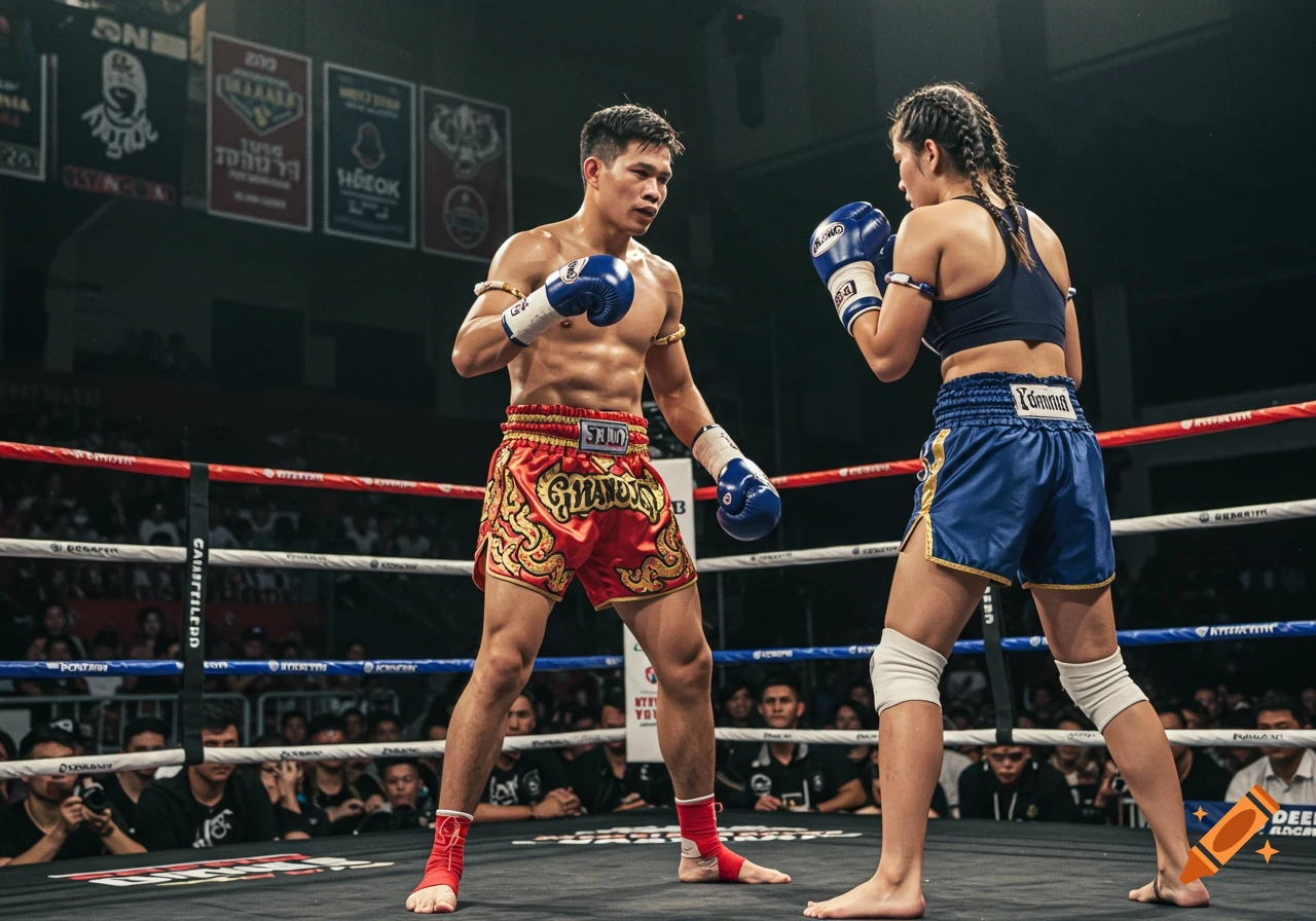 Two Muay Thai fighters, a man and a woman, face each other in a boxing ring surrounded by spectators, in a dramatic arena shot.