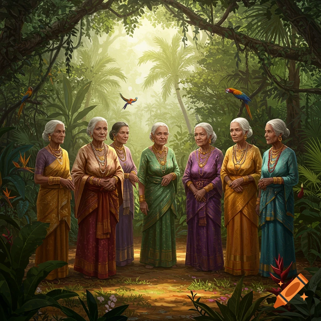 Seven elderly women in colorful traditional Indian attire and gold jewelry stand in a lush, sunlit jungle with parrots flying nearby. Illustration style.