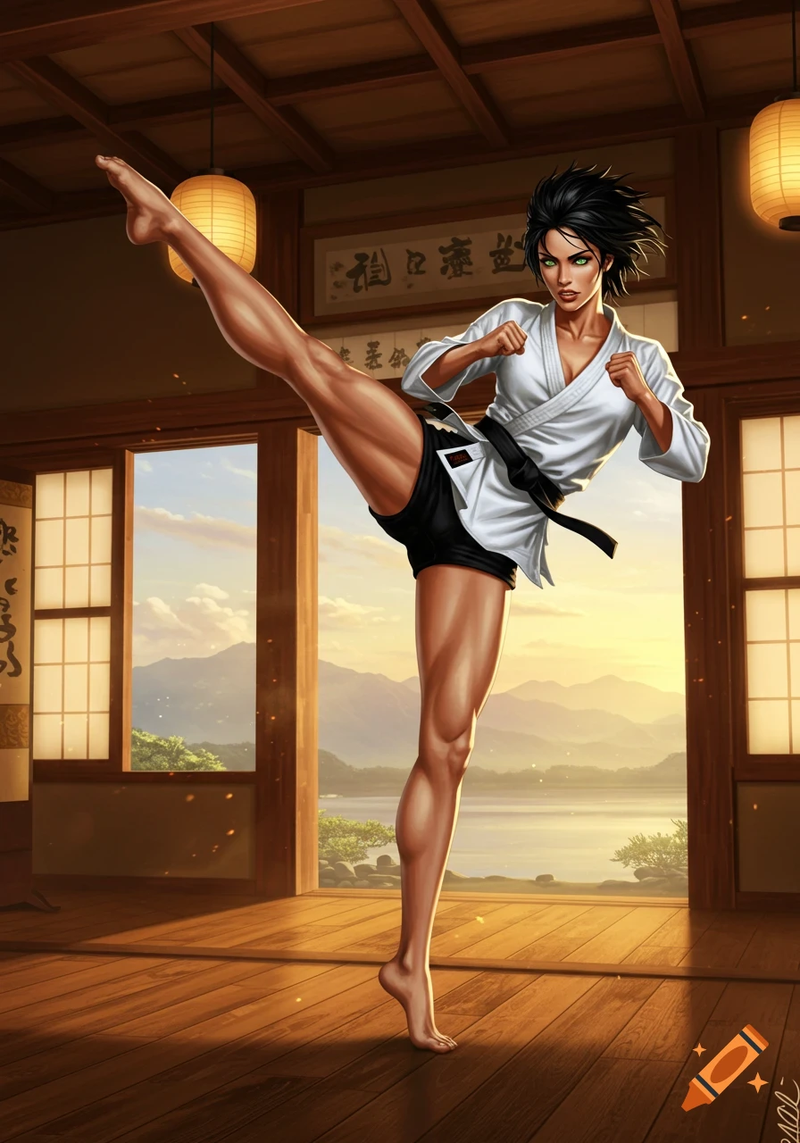 A lean muscular woman with short black hair in a karate gi performs a high kick in a dojo with a scenic mountain and lake background.