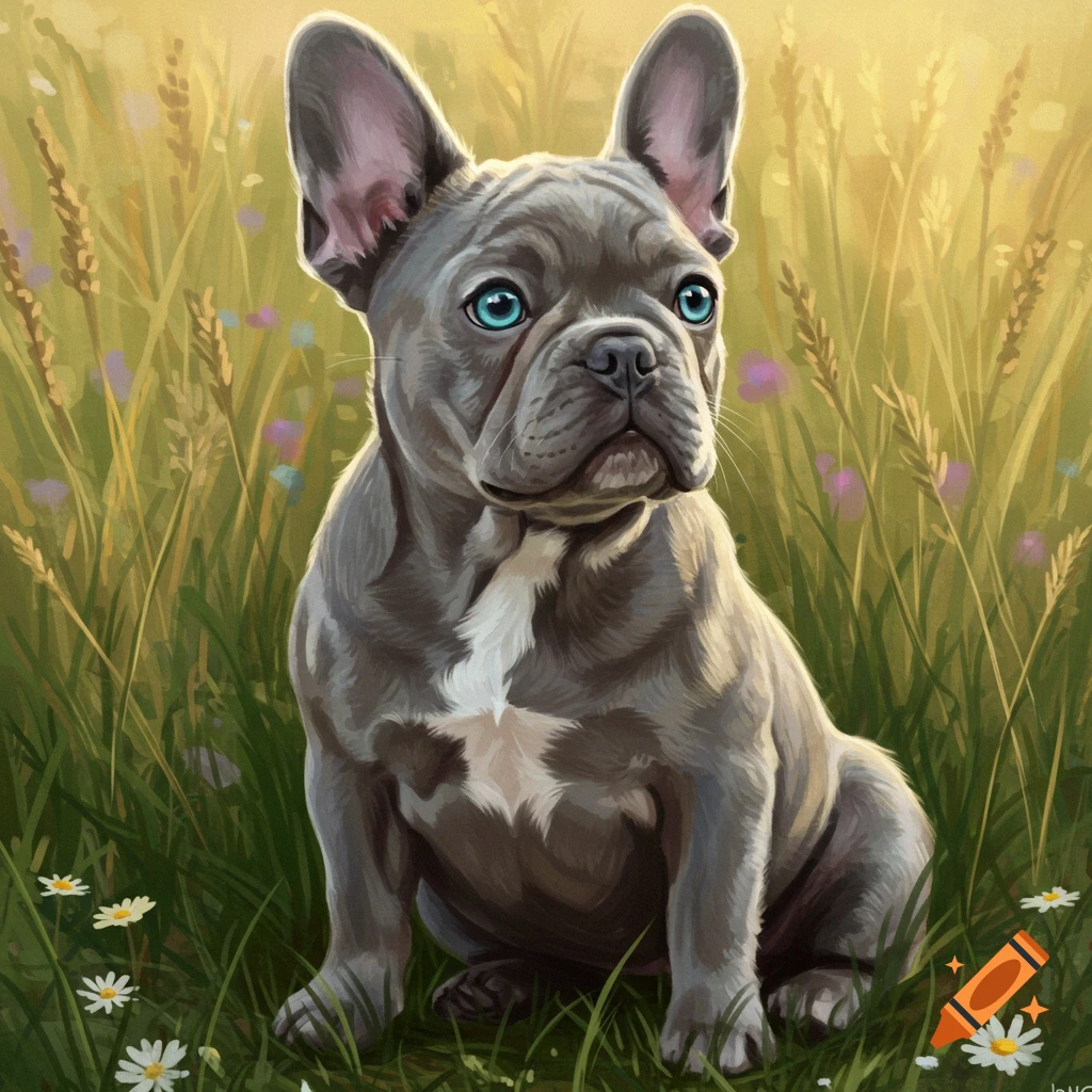 A grey French bulldog with striking blue-green eyes sits in a sunny field of tall grass and wildflowers, illustration.