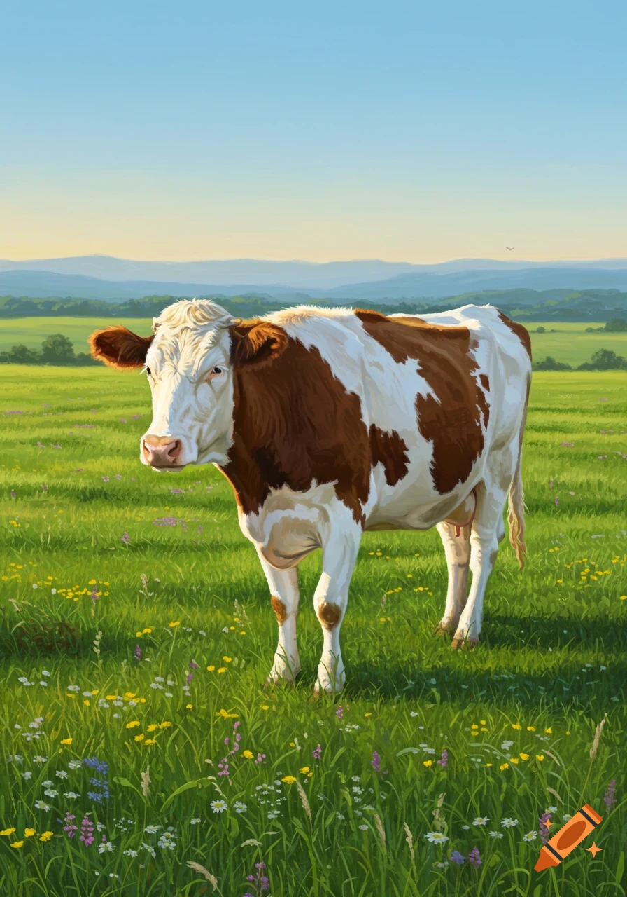 A brown and white cow stands in a vibrant green field with wildflowers under a clear blue sky and distant mountains.