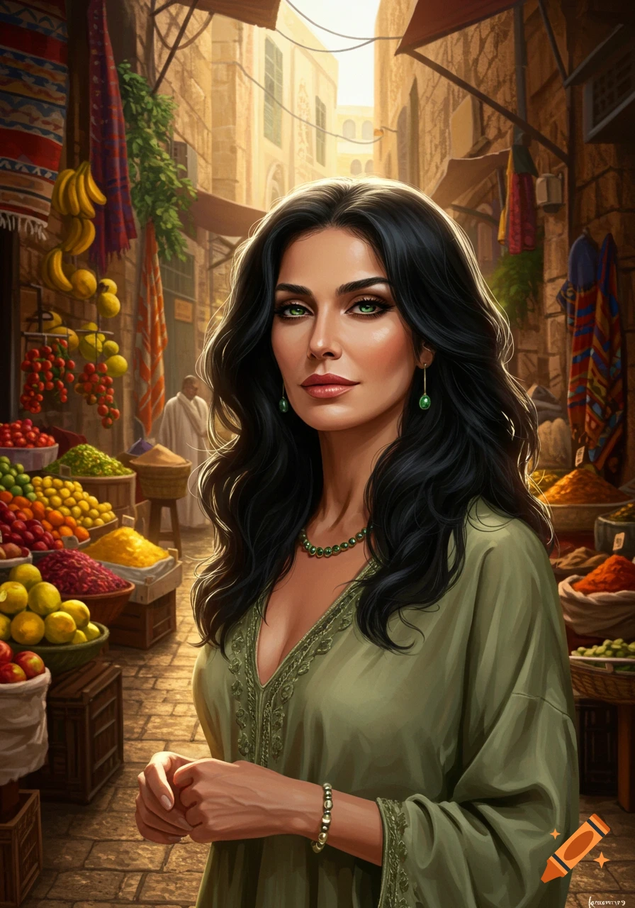 A woman with long black hair and green eyes stands in a vibrant, bustling marketplace with fruits and spices.