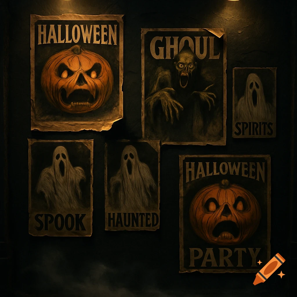 Vintage-style Halloween posters on a dark wall. Posters show screaming jack-o'-lanterns, a ghoul, and ghostly figures with text like HALLOWEEN, GHOUL, SPOOK, and SPIRITS.