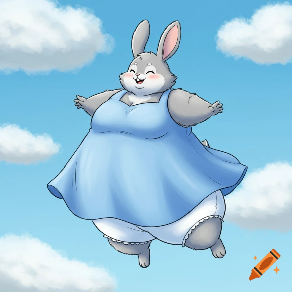 A happy, plump cartoon gray rabbit in a blue dress and white bloomers floats in a bright blue sky with white clouds.