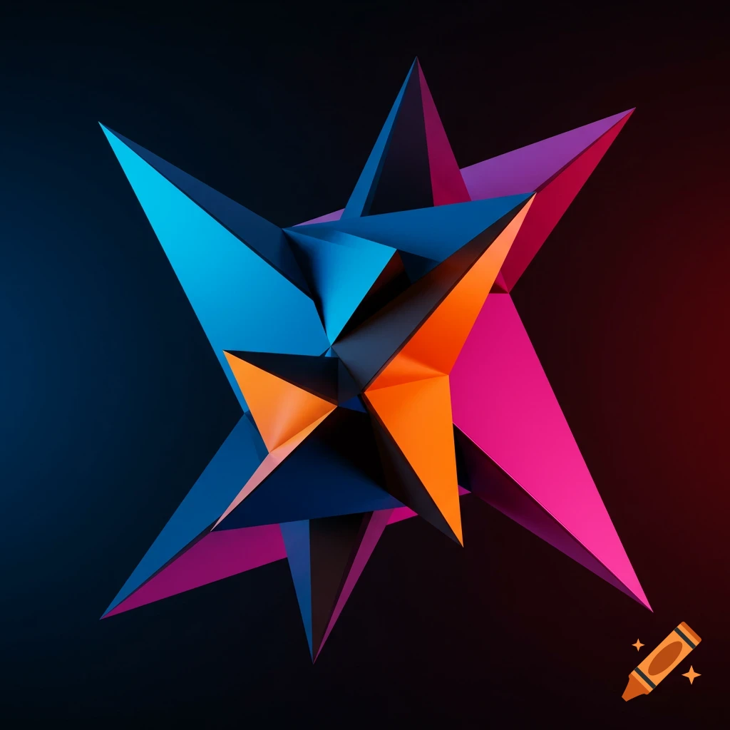Vibrant abstract 3D geometric shape with blue, orange, and magenta facets against a dark gradient background.