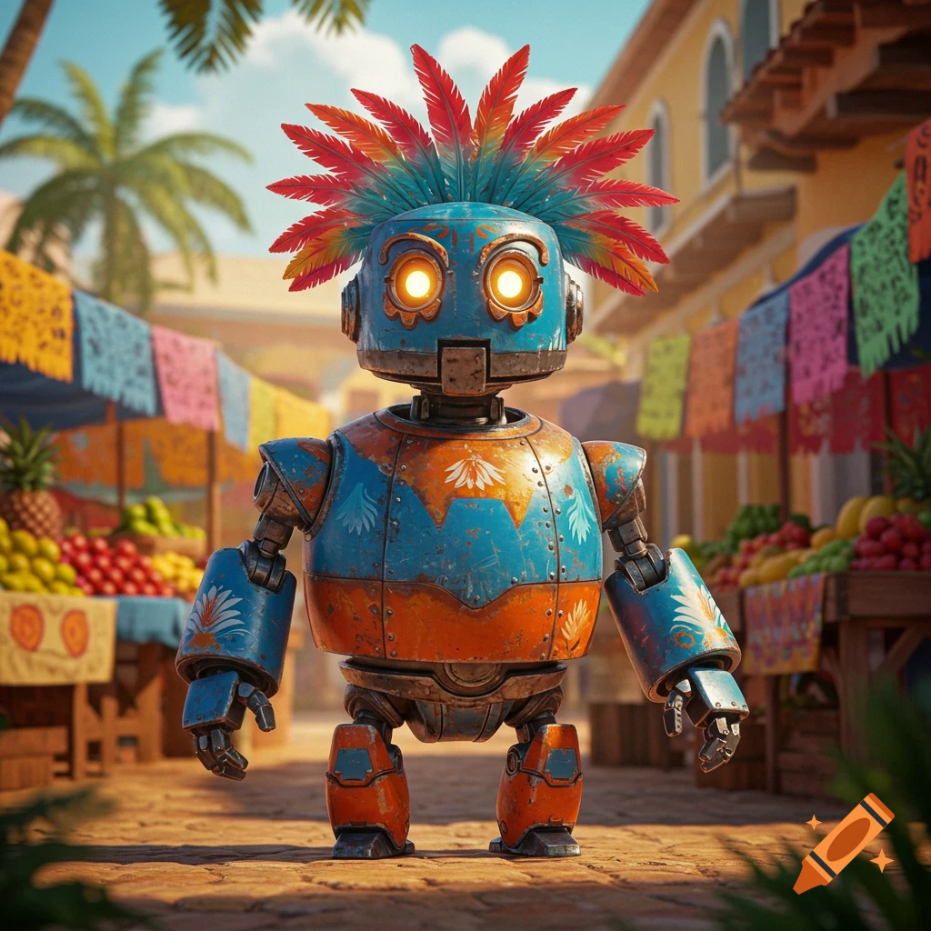 A colorful, blue and orange robot with a feathered head stands in a sunny outdoor marketplace.