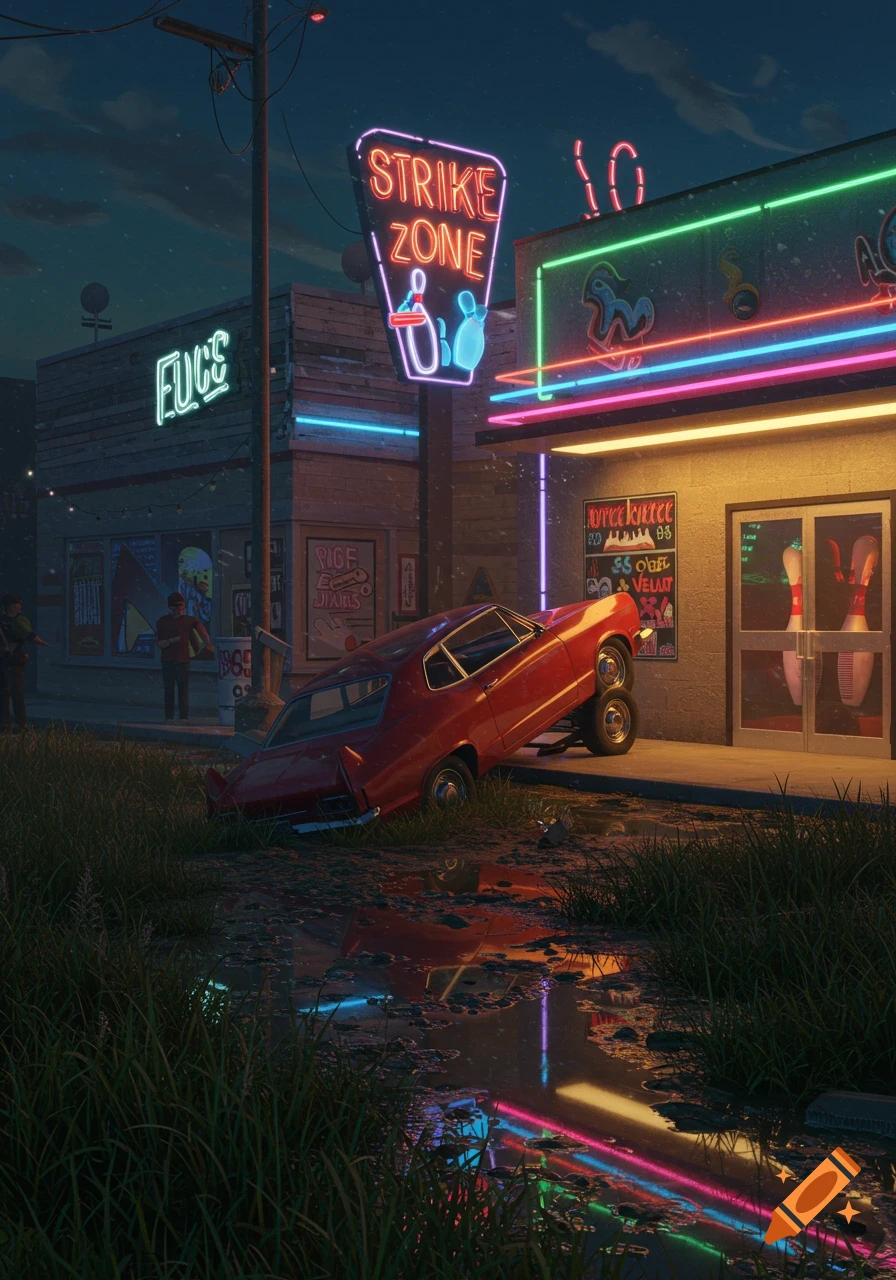 A red car is stuck with its trunk up in an overgrown ditch at night, in front of a neon-lit "Strike Zone" bowling alley and another building.