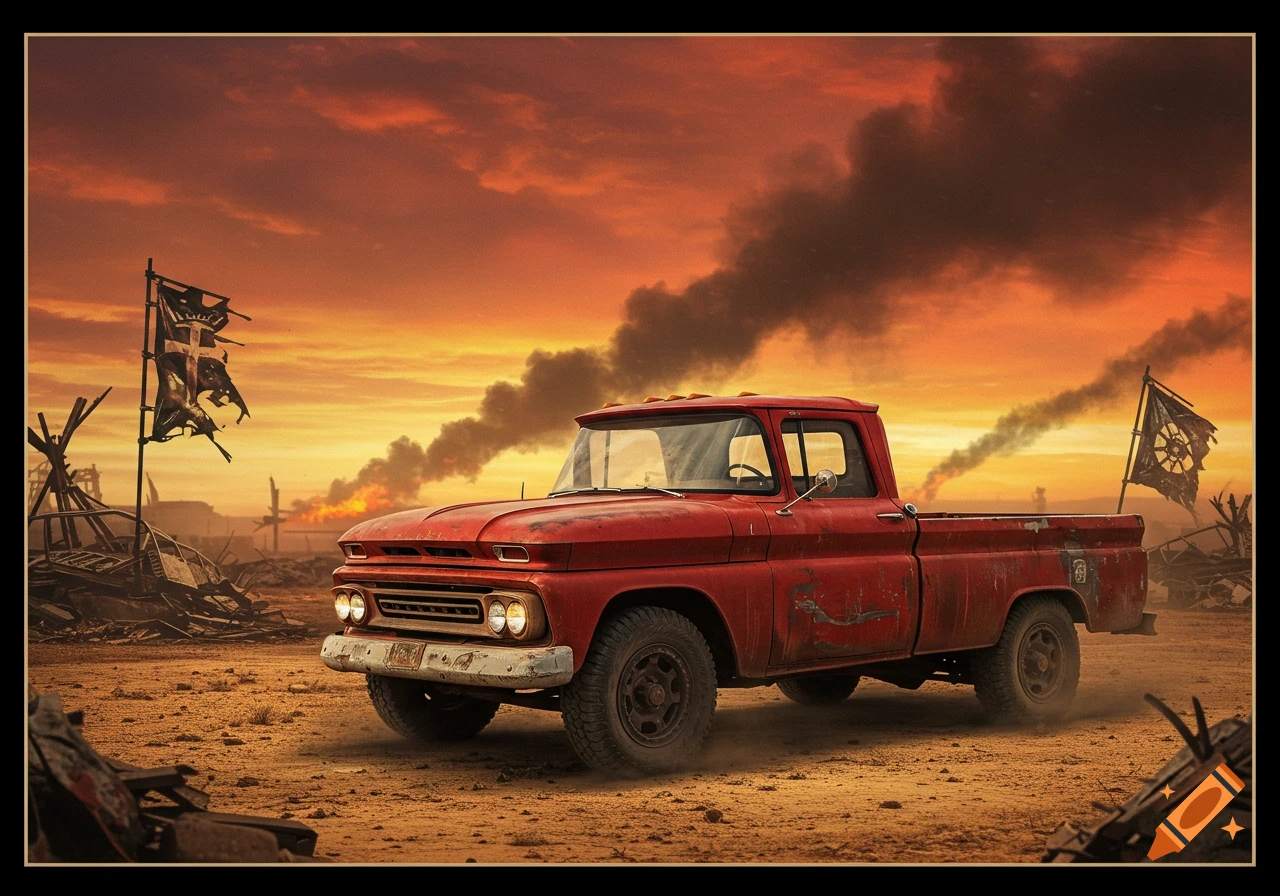 A rusty red pickup truck in a dusty, post-apocalyptic wasteland with burning wreckage and tattered flags under a fiery orange sky.