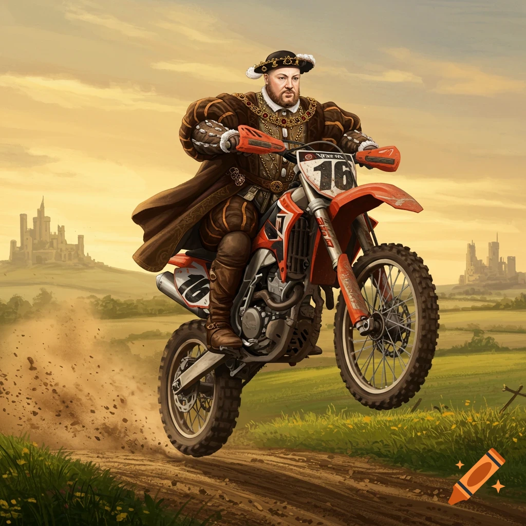 An illustrated Henry VIII in period attire rides a dirt bike, mid-air, over a dirt path with castles in the background.