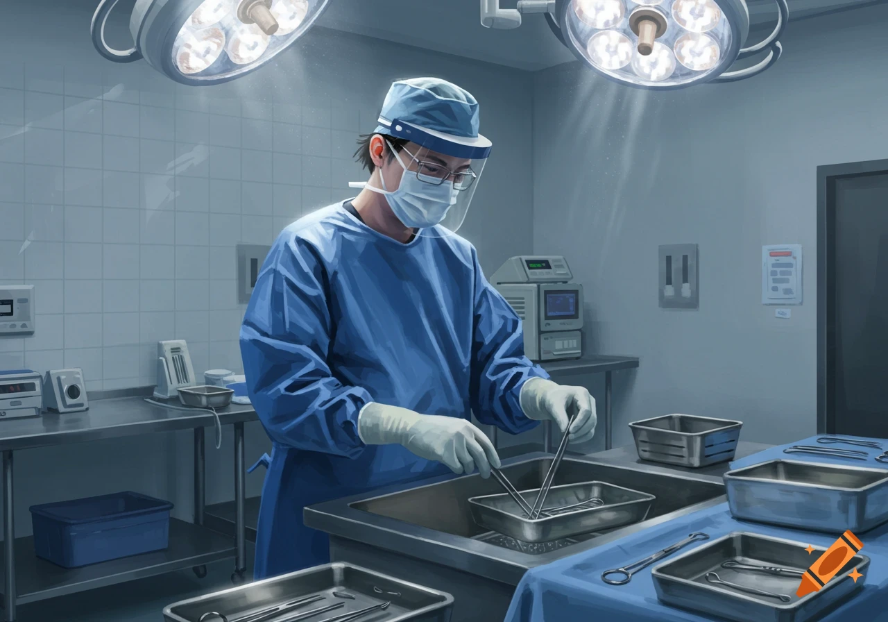 A sterile processing technician in blue scrubs and PPE cleans surgical instruments in a well-lit operating room.