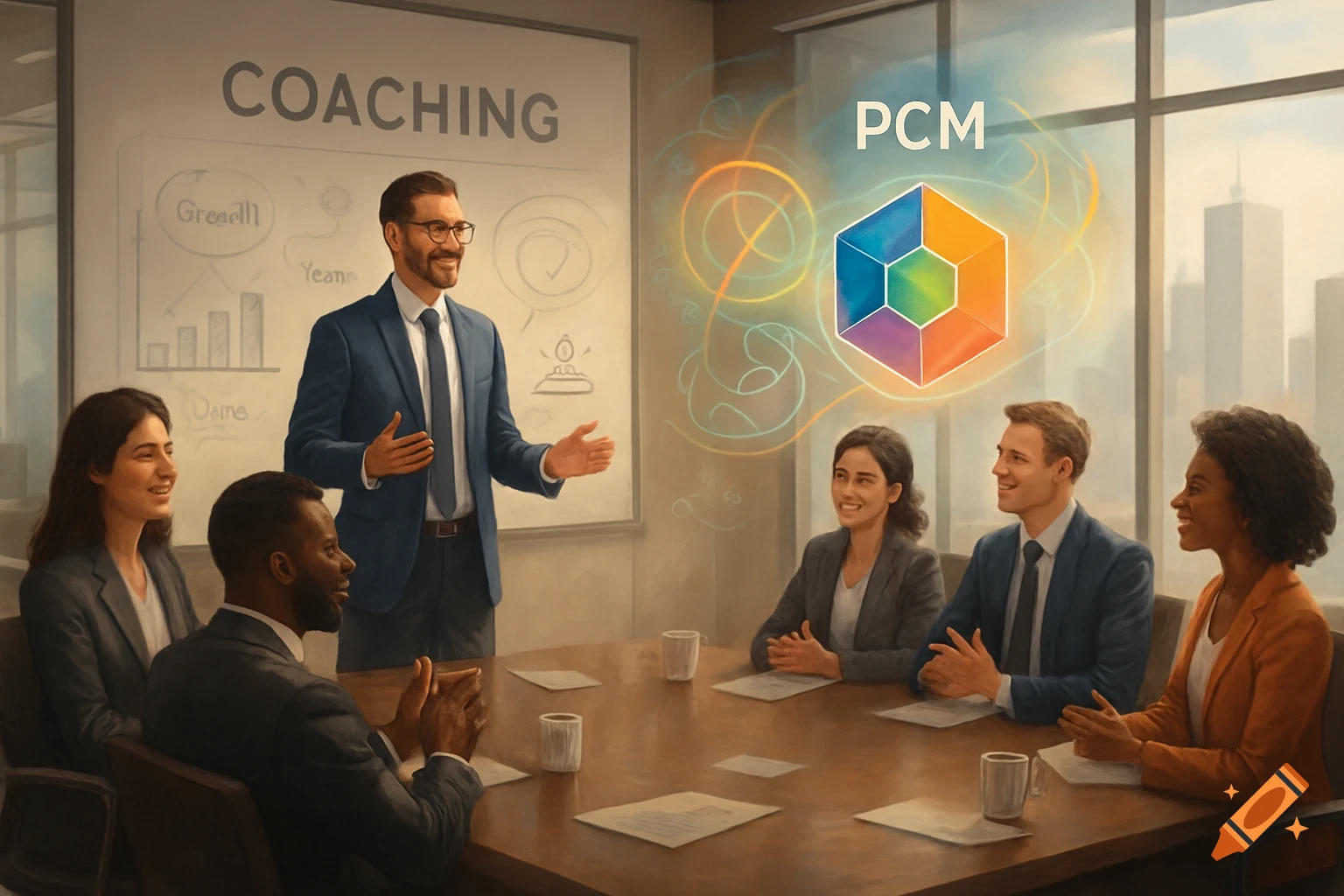 A business coach presents to a diverse group of professionals in a bright modern office, with 'COACHING' on a whiteboard and a glowing 'PCM' logo.