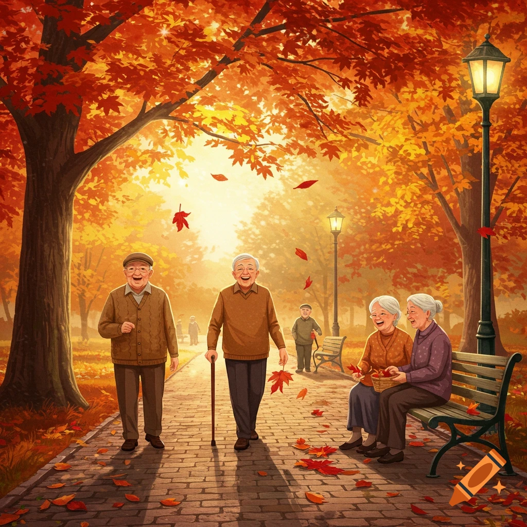 Elderly people enjoying a walk and sitting on a bench in a vibrant autumn park with falling red and orange leaves, in an illustrative style.