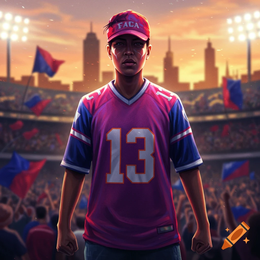 A person in a pink and blue sports jersey with '13' and a red 'FACA' cap stands in a vibrant stadium at sunset.