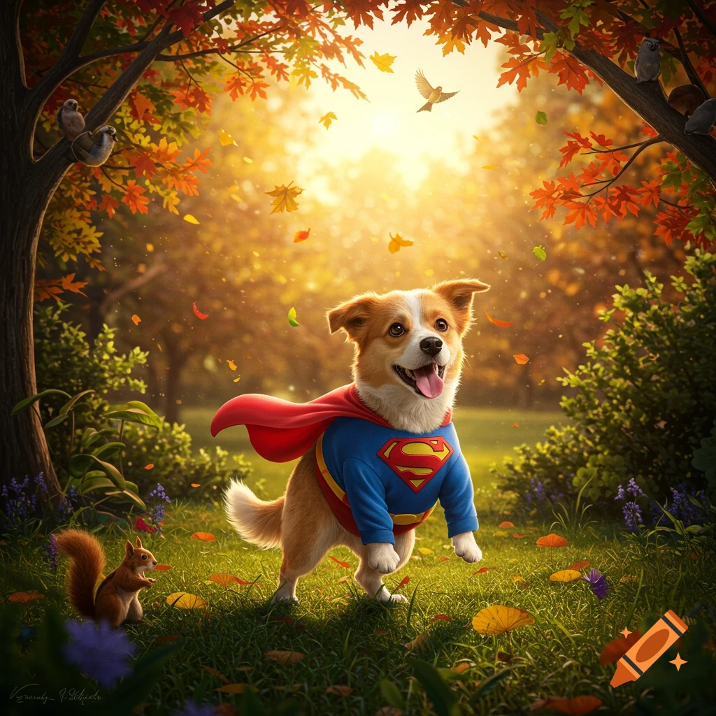 A happy dog dressed in a Superman costume runs through an autumn forest with falling leaves and sunlight.