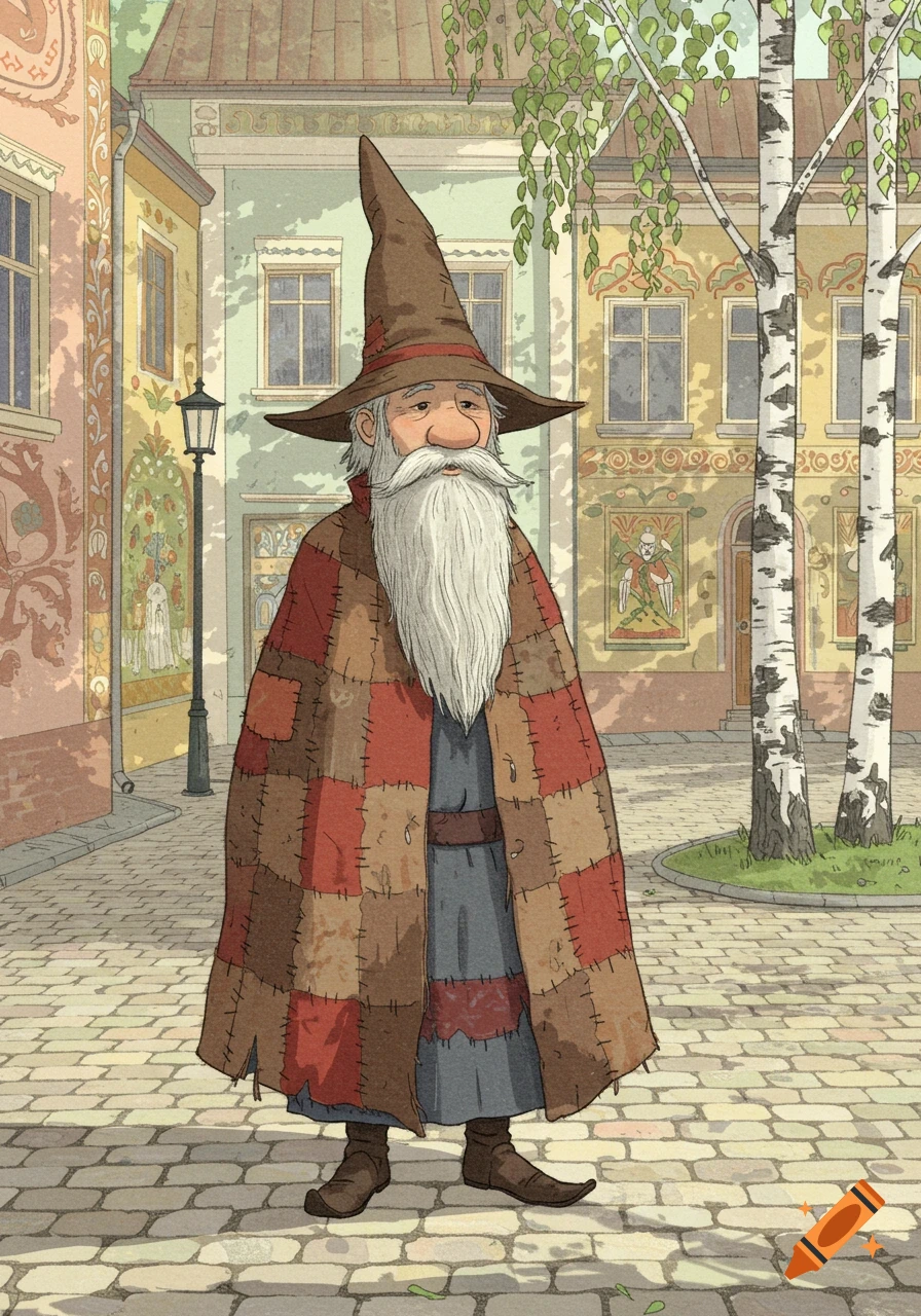 An old wizard with a white beard and a pointed hat stands on a cobblestone street in a stylized town with birch trees.