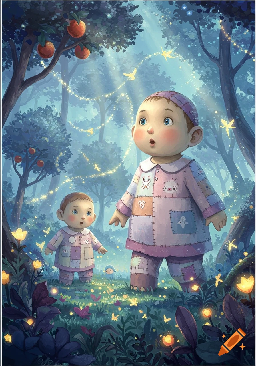 Two large-headed babies in patchwork pajamas look up in a magical forest with glowing fireflies and light beams, illustration.