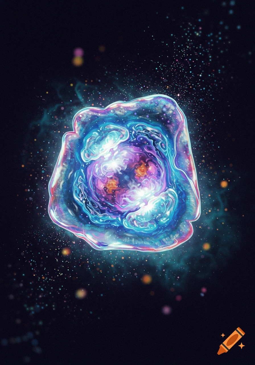 A vibrant, abstract, glowing blue and purple cell-like form floats in a dark, starlit cosmic expanse.