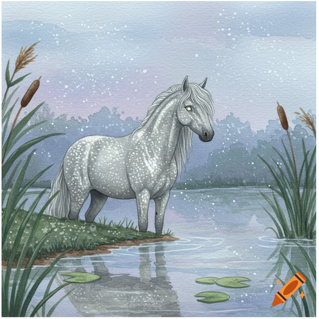 Whimsical watercolor of a gentle silver water horse with starlit eyes standing at a lake's edge with cattails.