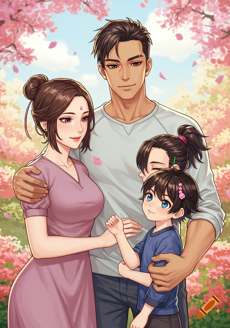 Anime illustration of a happy family, a man and woman with their two children, standing under pink cherry blossoms.