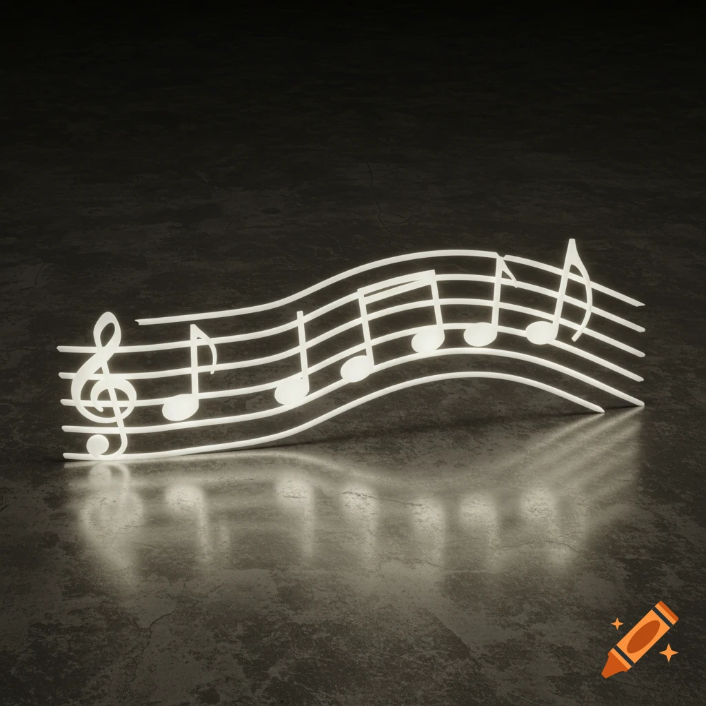 All-white glowing musical staff and notes on a dark, textured surface, rendered in a minimalist, sculptural style with cinematic lighting.