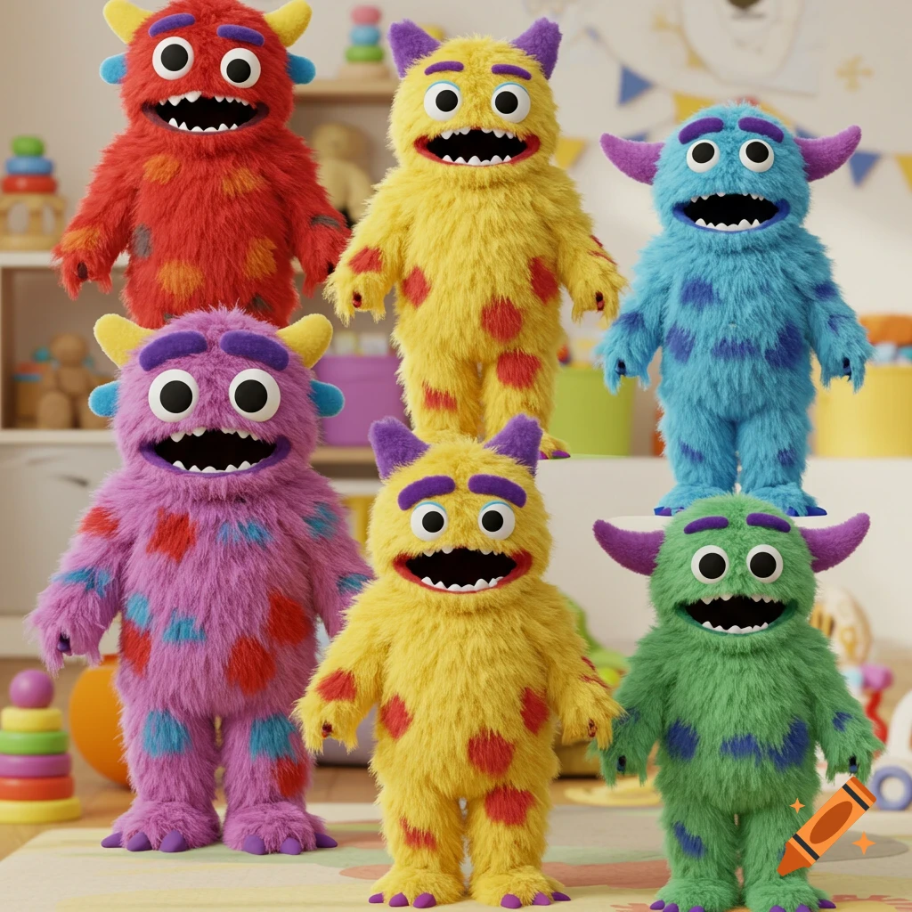 Six colorful, fluffy monster characters, resembling plush toys or costumes, stand in a bright children's playroom.