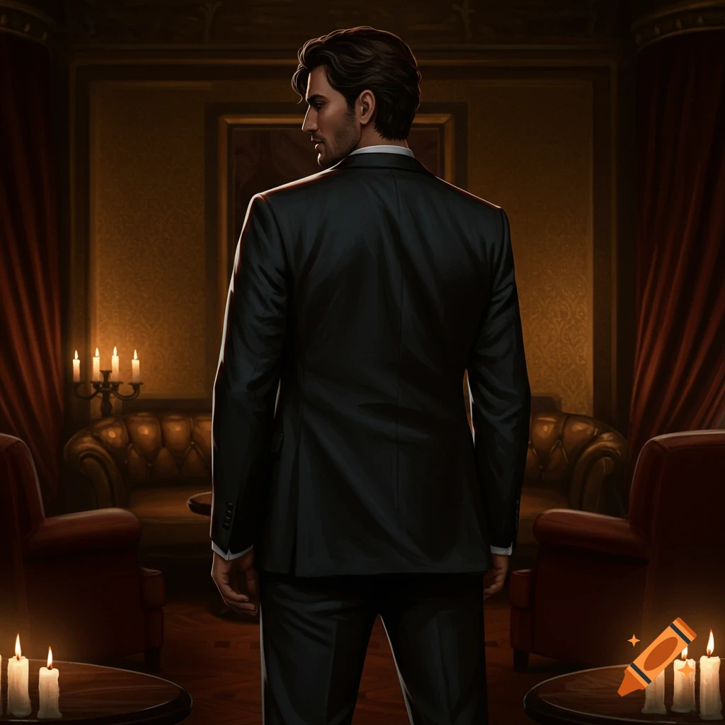 Man in a black suit looks over his shoulder in a dimly lit, luxurious room with candelabras and classic furniture.