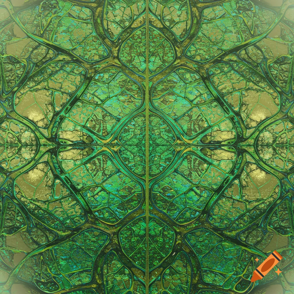 An intricate, symmetrical abstract pattern of green and gold resembling textured leaf veins.