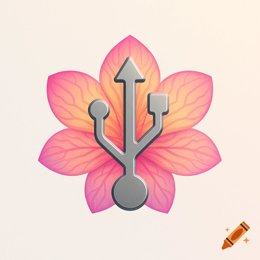 A gray USB symbol centered over a vibrant pink and orange flower, creating a tech-nature logo.