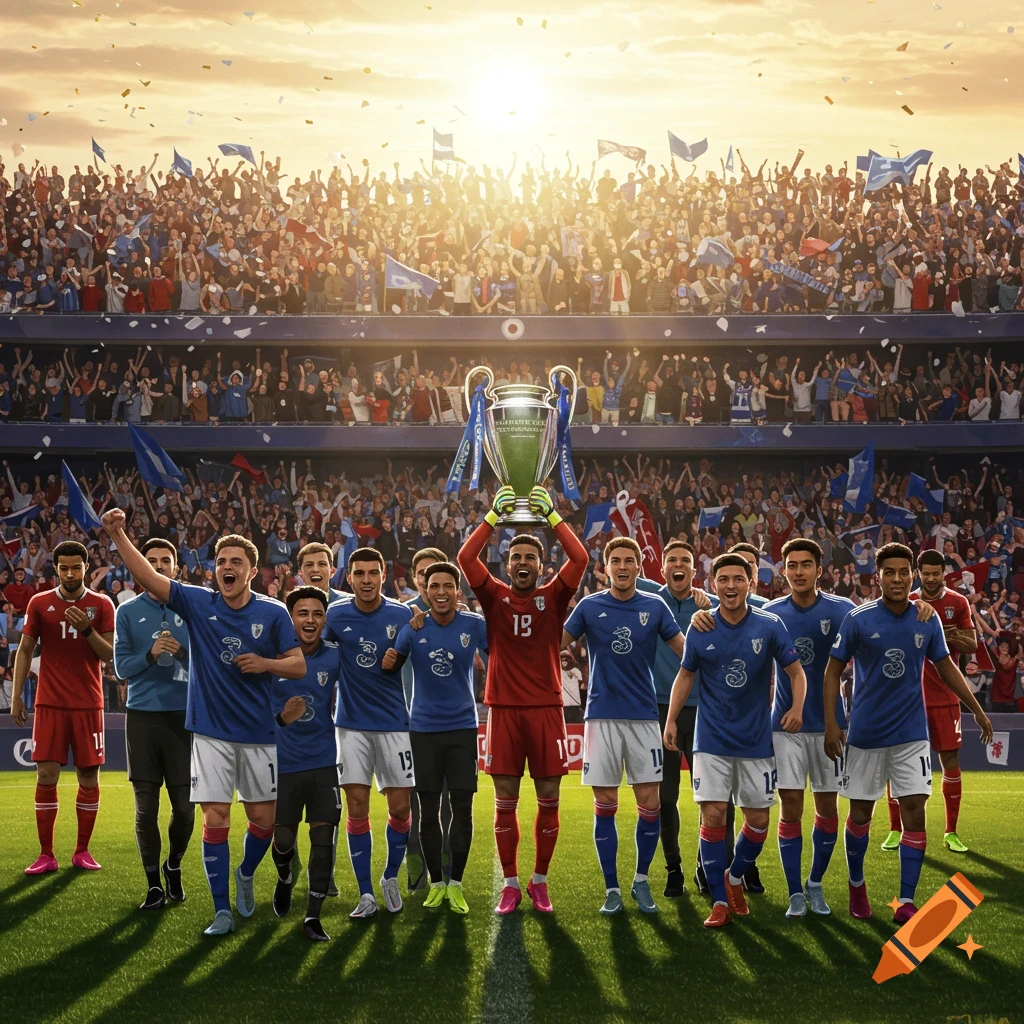 A soccer team in blue and red jerseys celebrates winning a trophy on a field, with a cheering stadium crowd at sunset.