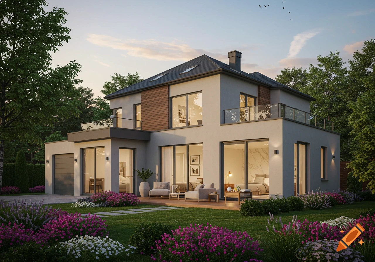 A modern two-story house with a grey facade and wooden accents, surrounded by a vibrant green lawn and colorful flower beds under a clear sky.