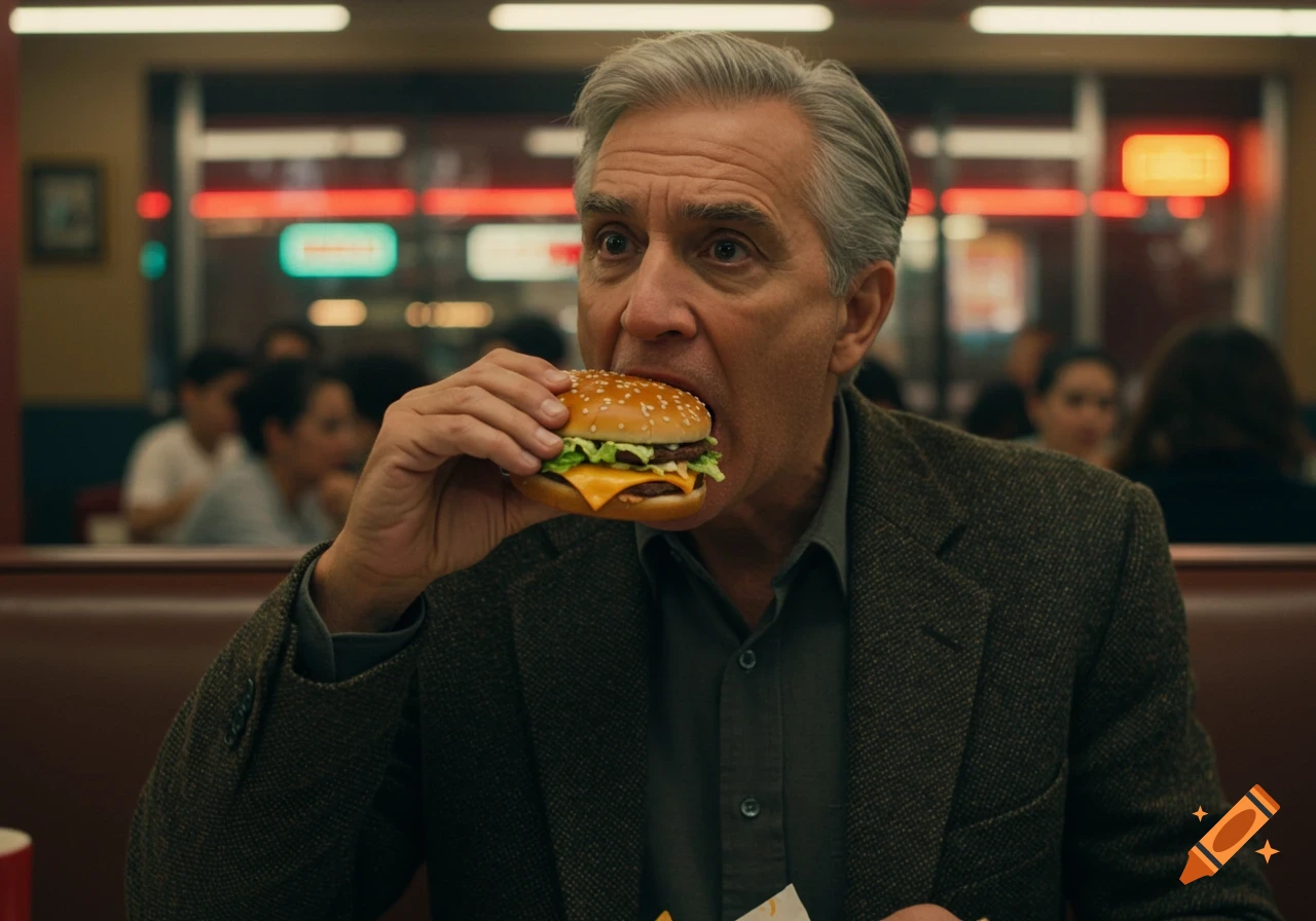 Photorealistic portrait of an older man eating a hamburger at a restaurant.