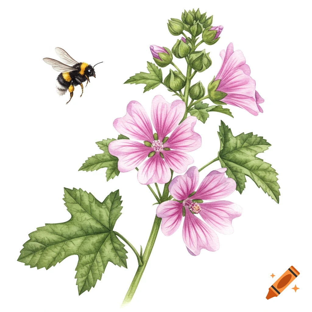 A watercolor illustration of a bumblebee flying towards pink mallow flowers and green leaves on a white background.