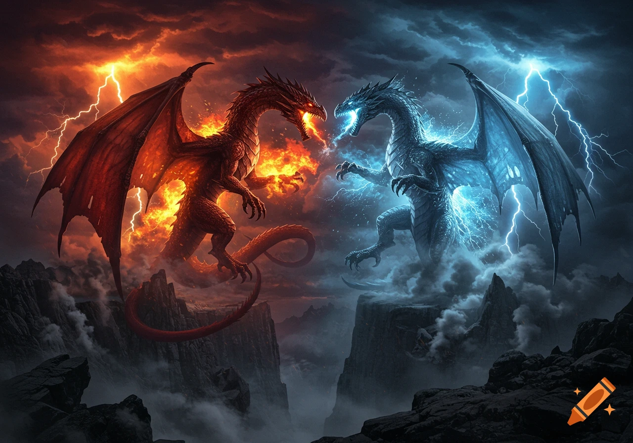 A red fire dragon and a blue lightning dragon duel in a stormy, mountainous landscape.