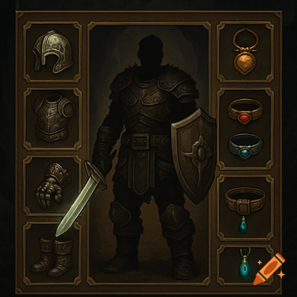 A fantasy ARPG inventory screen showing a shadowy armored character surrounded by gear slots for helmet, armor, weapons, and jewelry.
