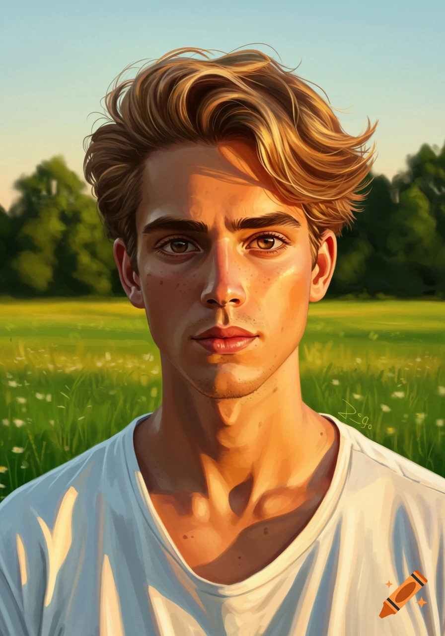Painterly portrait of a young man with blonde hair and brown eyes, looking directly forward in a sunlit green field.