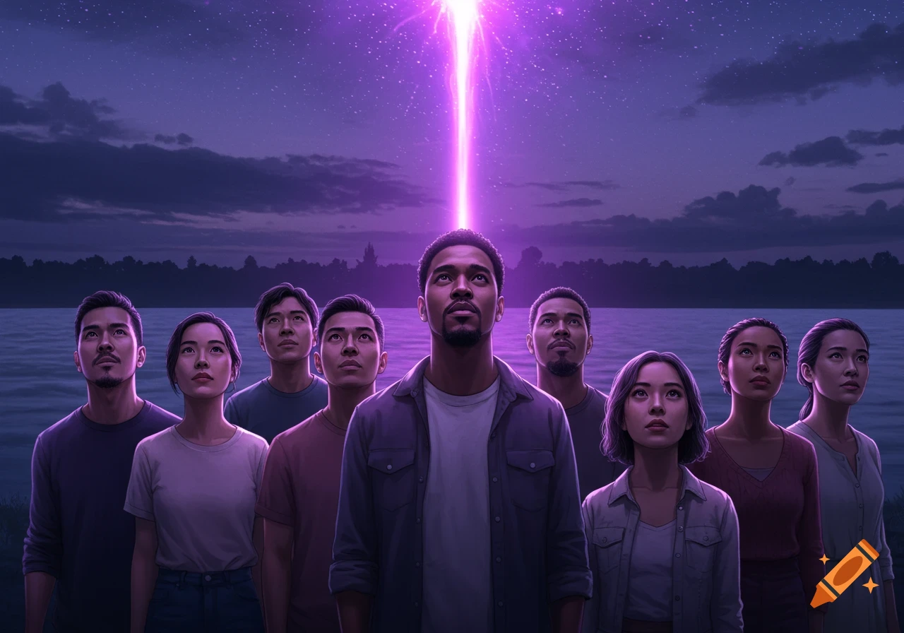 A diverse group of people look up at a glowing purple beam shooting into the starry night sky over a lake.