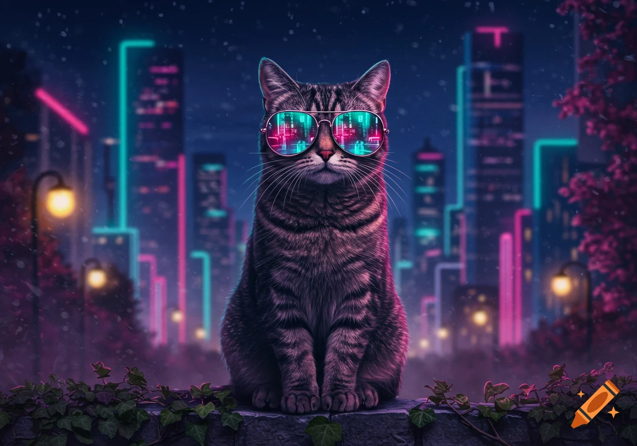 A cool tabby cat wearing reflective sunglasses sits on a wall at night, with a vibrant neon city skyline in the background.