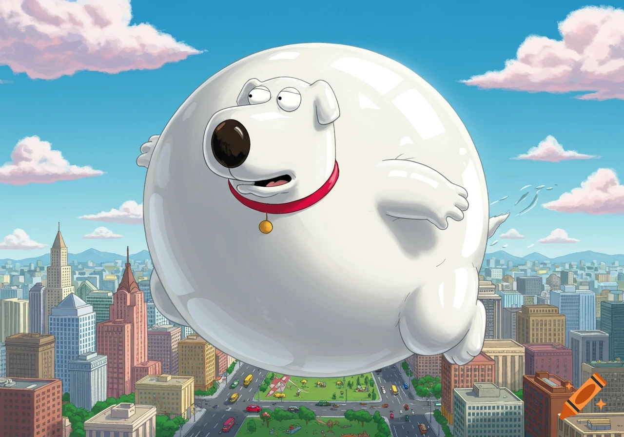 Cartoon dog Brian from Family Guy, inflated like a balloon, floats above a city skyline with cars and clouds.