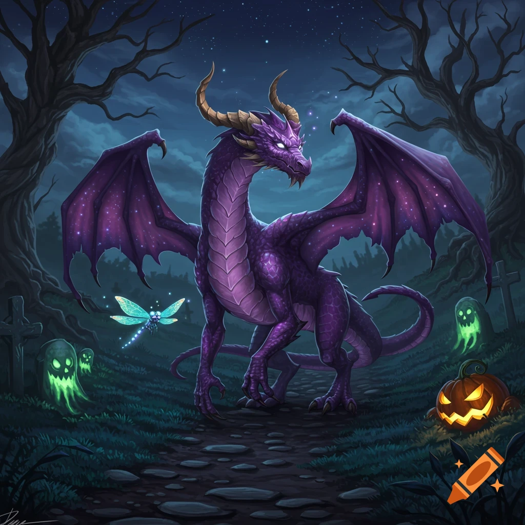 A purple dragon with glowing eyes and golden horns stands in a dark Halloween forest with ghosts, graves, and a jack-o'-lantern, next to a glowing dragonfly.