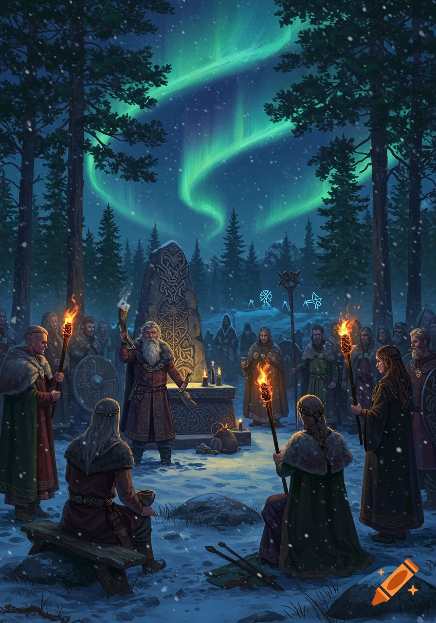 A group performs a torchlit ritual around a carved stone monument in a snowy forest at night, under a green aurora.
