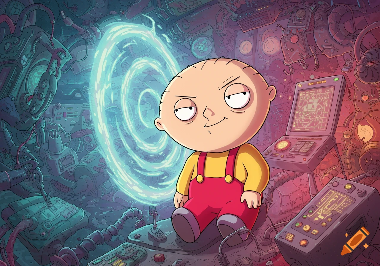 Stewie Griffin in a futuristic lab with glowing machinery and a blue portal, looking mischievous.