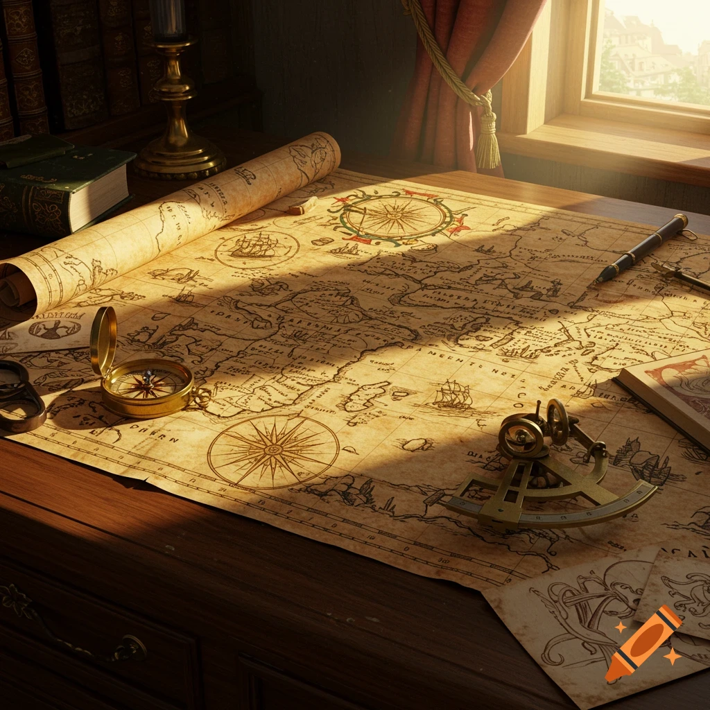 An old parchment map with navigation tools like a compass and sextant on a wooden desk, bathed in sunlight from a window.